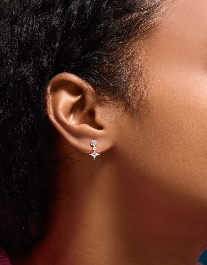 Sterling Silver Diamanté Star Drop Stud Earrings, , large