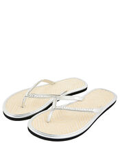 Crystal Embellished Seagrass Flip Flops, Silver (SILVER), large