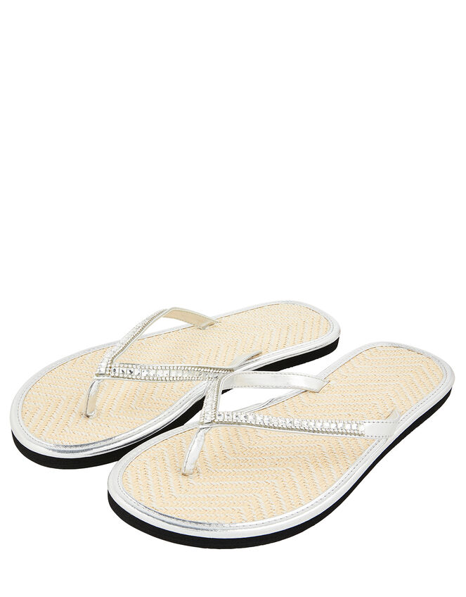 Crystal Embellished Seagrass Flip Flops, Silver (SILVER), large