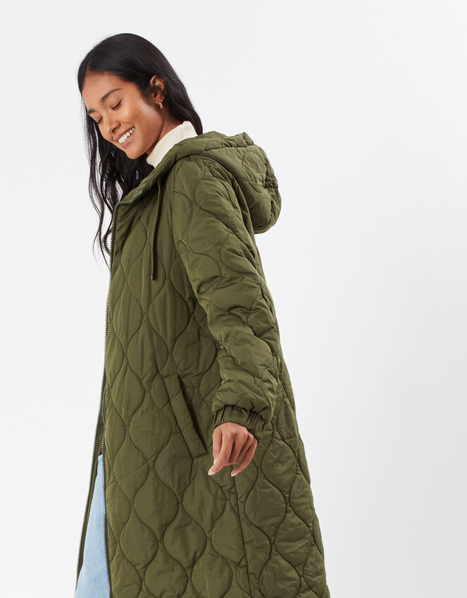 Long Diamond Puffer Coat, Green (KHAKI), large