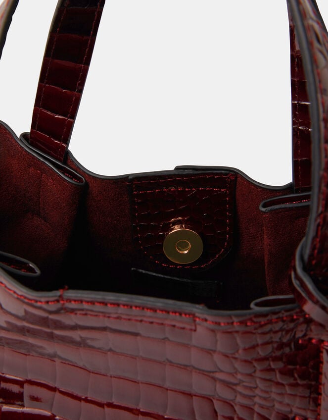 Faux Croc Skin Patent Tote Bag, Red (BURGUNDY), large