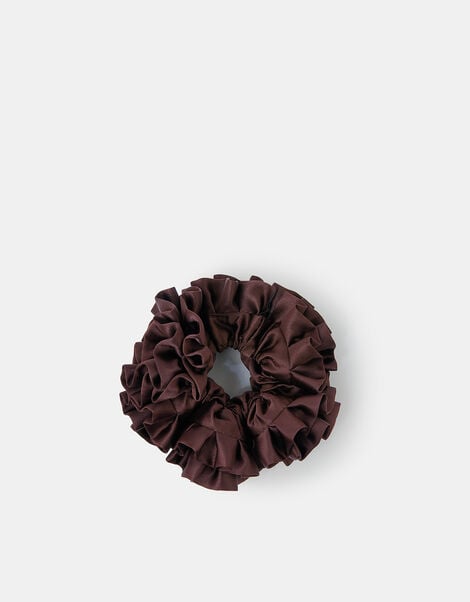 Oversized Ruffle Satin Hair Scrunchie Brown, , large