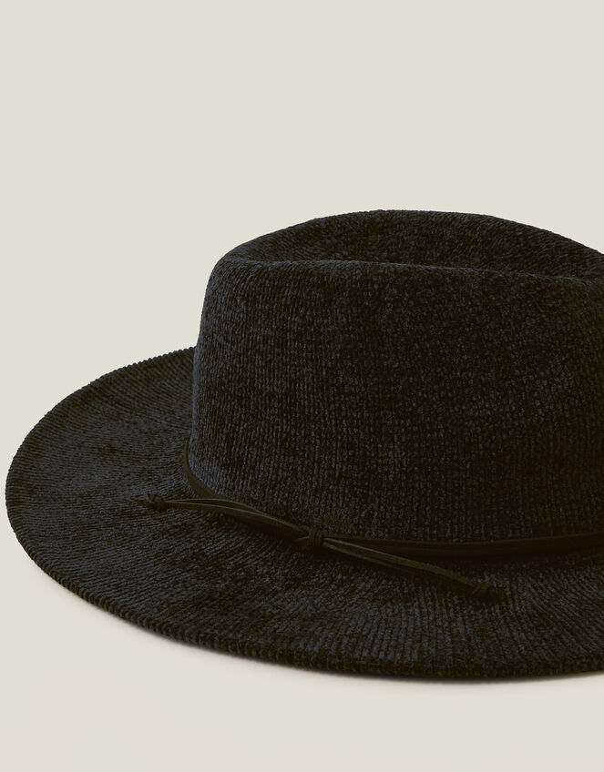Chenille Packable Fedora Hat, Black (BLACK), large