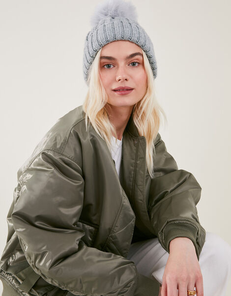 Faux Fur Pom-Pom Beanie Hat, Grey (GREY), large
