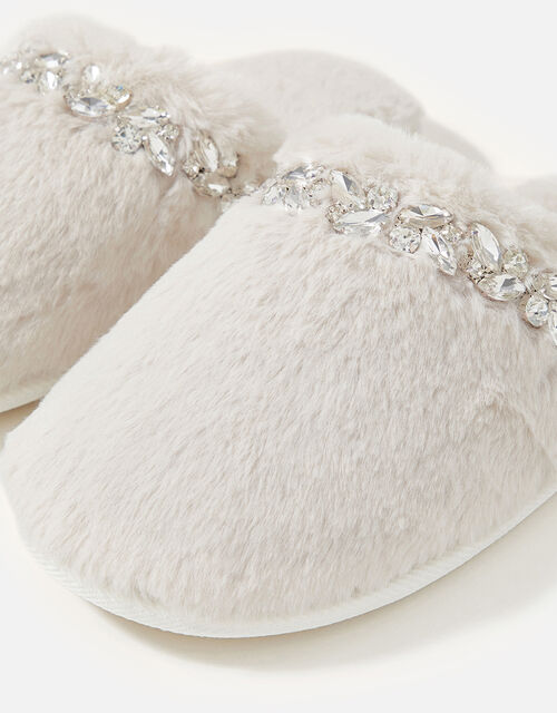 Gem Embellished Faux Fur Slippers, Cream (CREAM), large