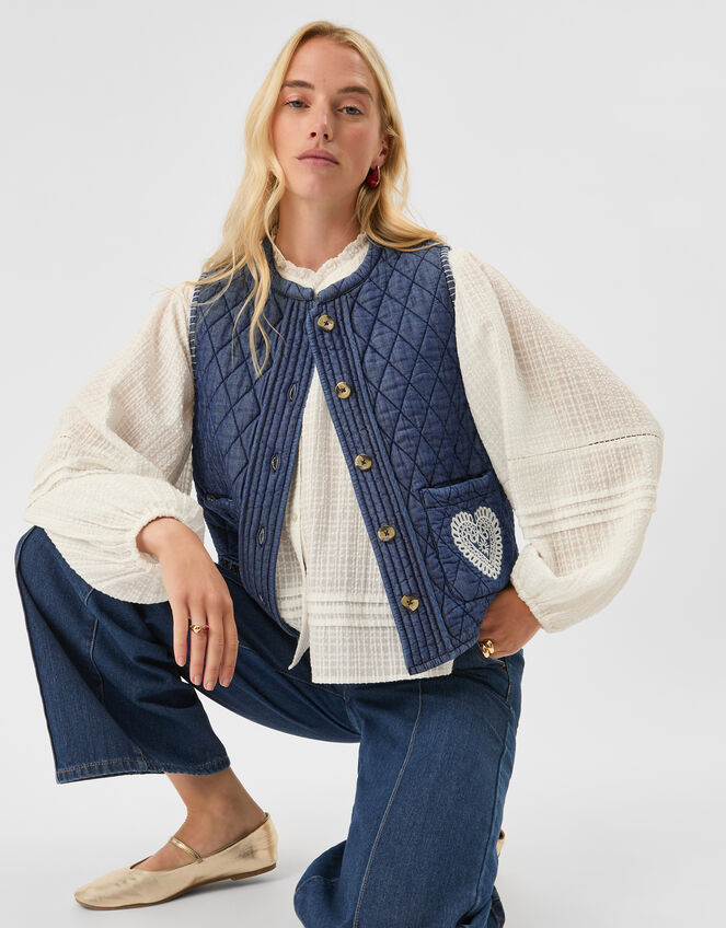 Heart Quilted Denim Waistcoat, DENIM, large