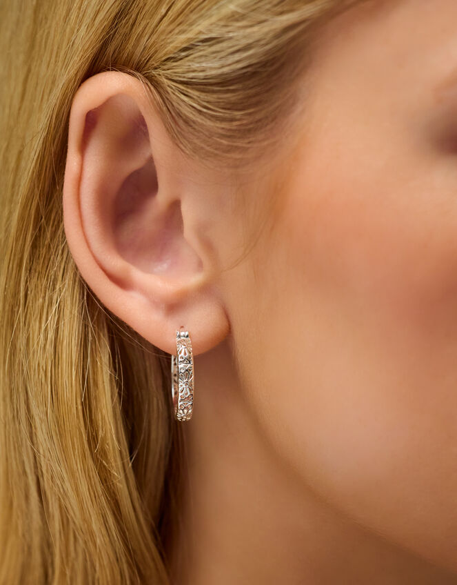 Sterling Silver-Plated Filigree Hoop Earrings, , large