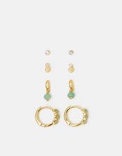 4-Pack 14ct Gold-Plated Aventurine Stone Stud & Hoop Earrings, , large