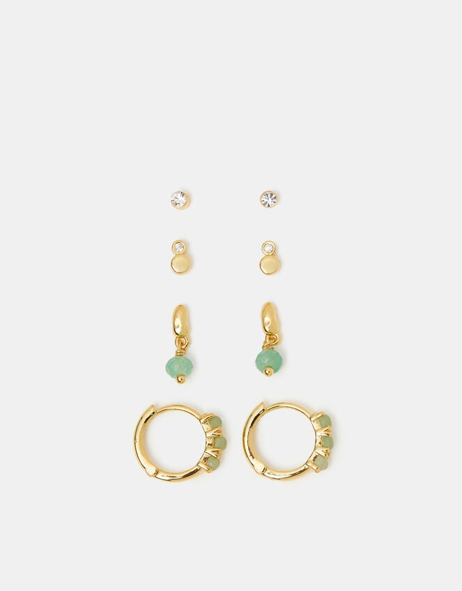 4-Pack 14ct Gold-Plated Aventurine Stone Stud & Hoop Earrings, , large