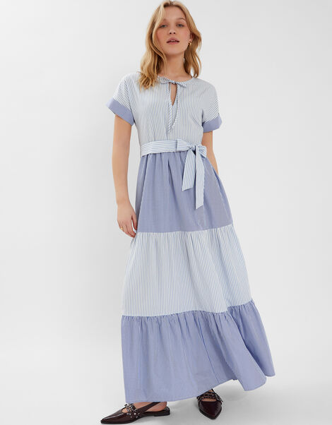 Colourblock Stripe Tiered Maxi Dress, Blue (BLUE), large
