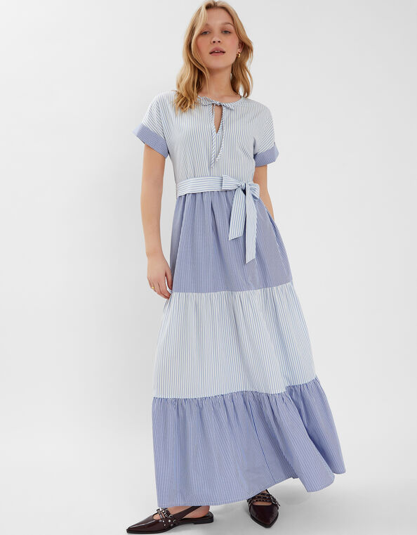 Colourblock Stripe Tiered Maxi Dress, Blue (BLUE), large