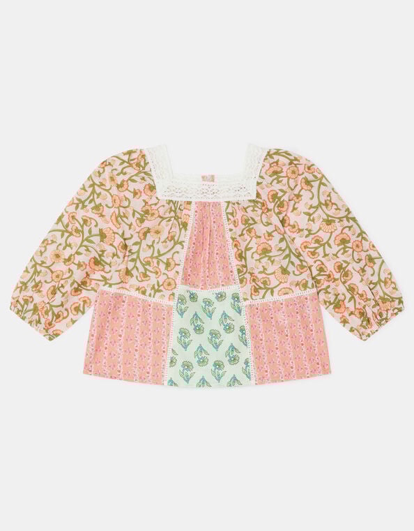 Girls Floral Patchwork Top, Pink (PINK), large