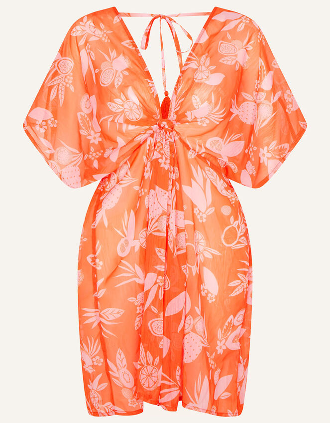 Fruity Floral Twist Detail Chiffon Kaftan, Orange (ORANGE), large