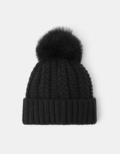 Pom-Pom Beanie Hat, Black (BLACK), large