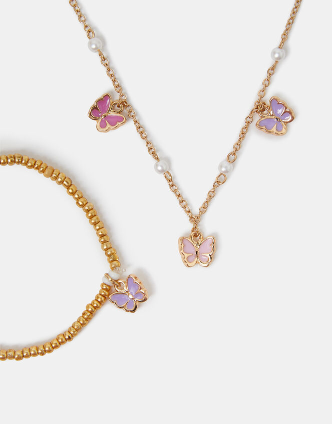 Girls Butterfly Charm Necklace and Bracelet Set, , large