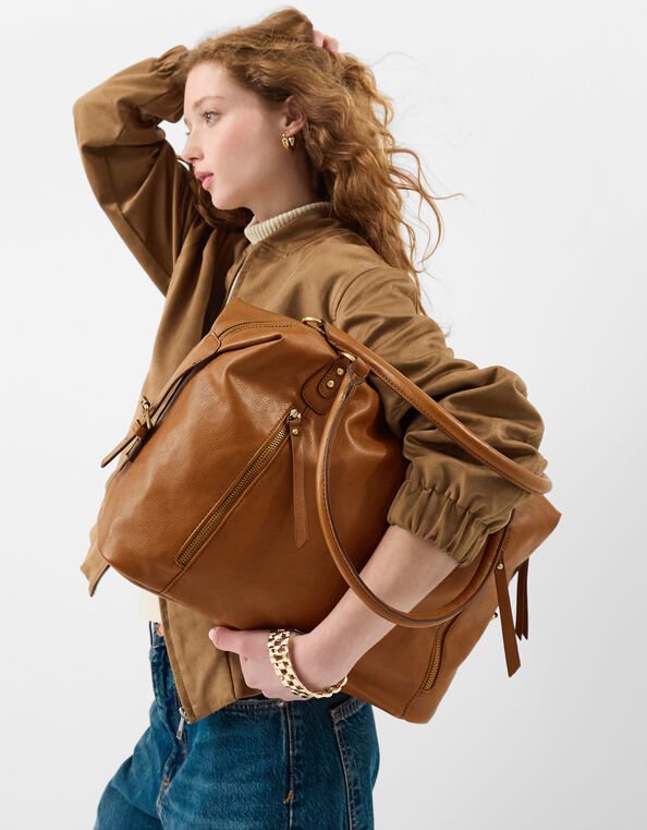 Double Zip Shoulder Bag, Tan (TAN), large