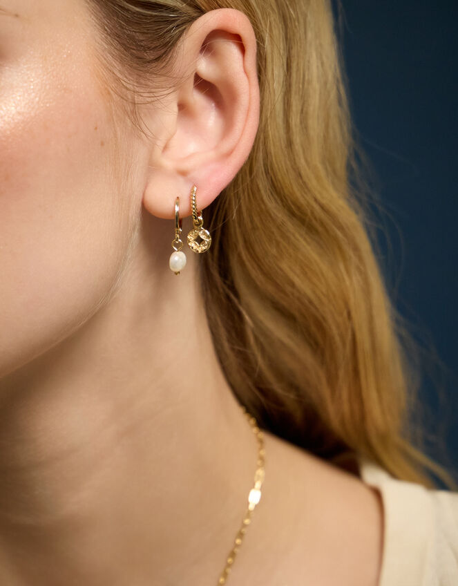 2-Pack 14ct Gold-Plated Pearl & Coin Hoop Earrings, , large