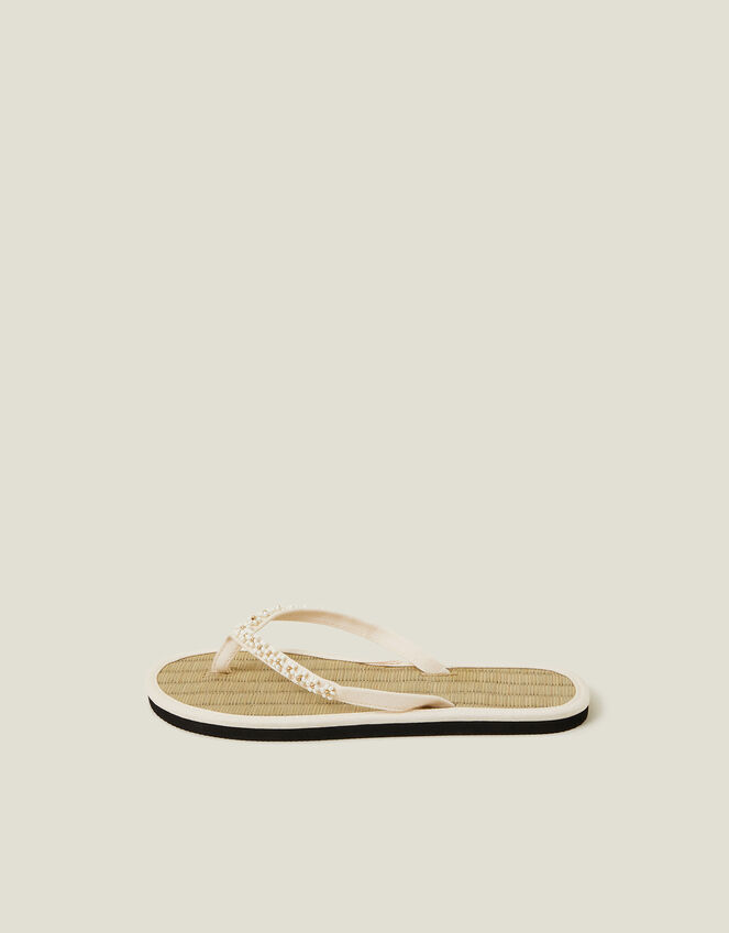 Beaded Daisy Seagrass Flip Flops, Cream (CREAM), large
