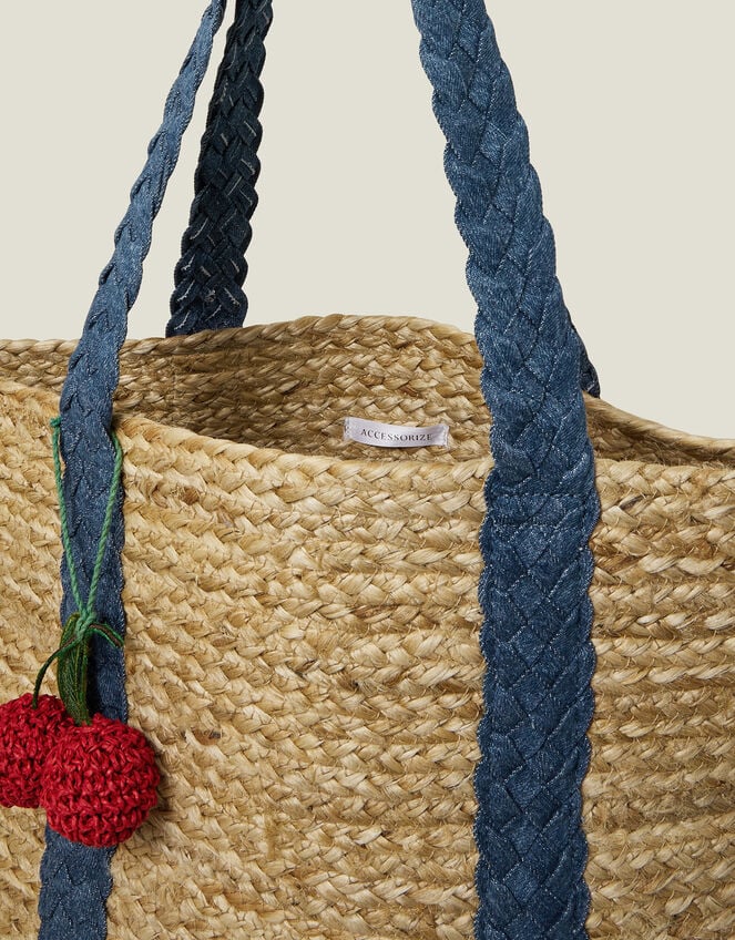 Denim Strap Jute Shoulder Bag, , large