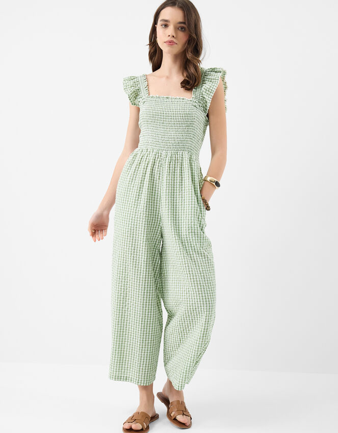 Gingham Print Frill Jumpsuit, Green (GREEN), large