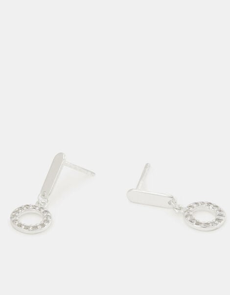 Sterling Silver Diamanté Circle Drop Earrings, , large