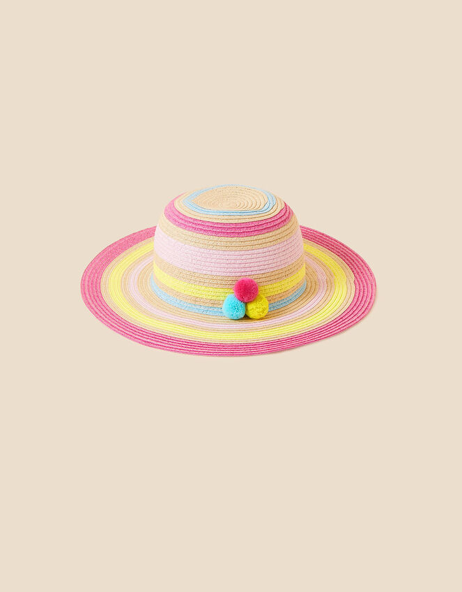 Girls Pom-Pom Trim Stripe Floppy Hat, Multi (BRIGHTS-MULTI), large
