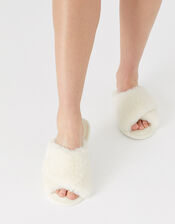 Fluffy Peep-Toe Slipper Sliders, Cream (CREAM), large