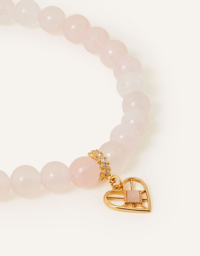 14ct Gold-Plated Rose Quartz Stone Charm Bracelet, , large