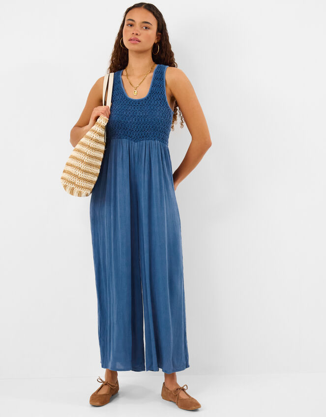 Sleeveless Crochet Jumpsuit, Blue (NAVY), large