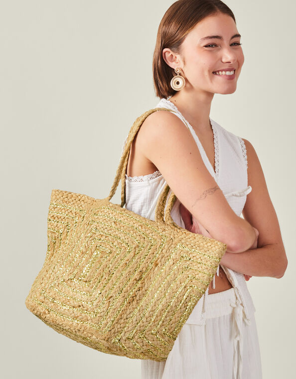Metallic Jute Beach Bag Gold, , large