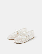 Girls Sparkle Floral Mesh Ballet Flats, Ivory (IVORY), large