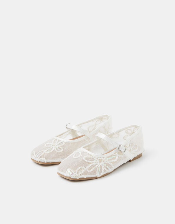 Girls Sparkle Floral Mesh Ballet Flats, Ivory (IVORY), large