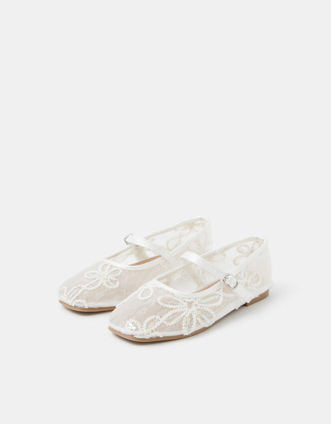 Girls Sparkle Floral Mesh Ballet Flats, Ivory (IVORY), large
