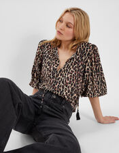 Puff Sleeve Cotton Blouse, Leopard (LEOPARD), large
