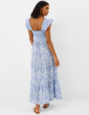 Tropical Print Smocked Maxi Dress, Blue (BLUE), large