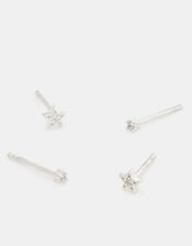 2-Pack Sterling Silver Diamanté & Star Stud Earrings, , large