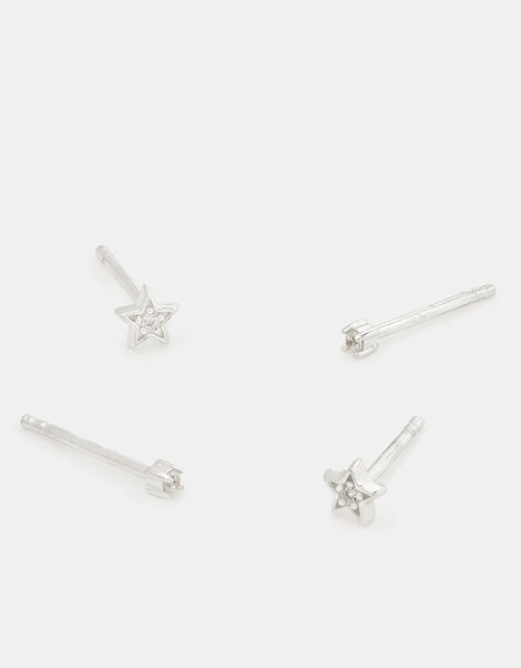 2-Pack Sterling Silver Diamanté & Star Stud Earrings, , large