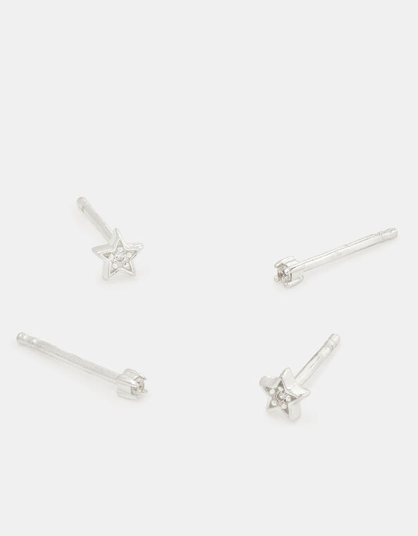 2-Pack Sterling Silver Diamanté & Star Stud Earrings, , large