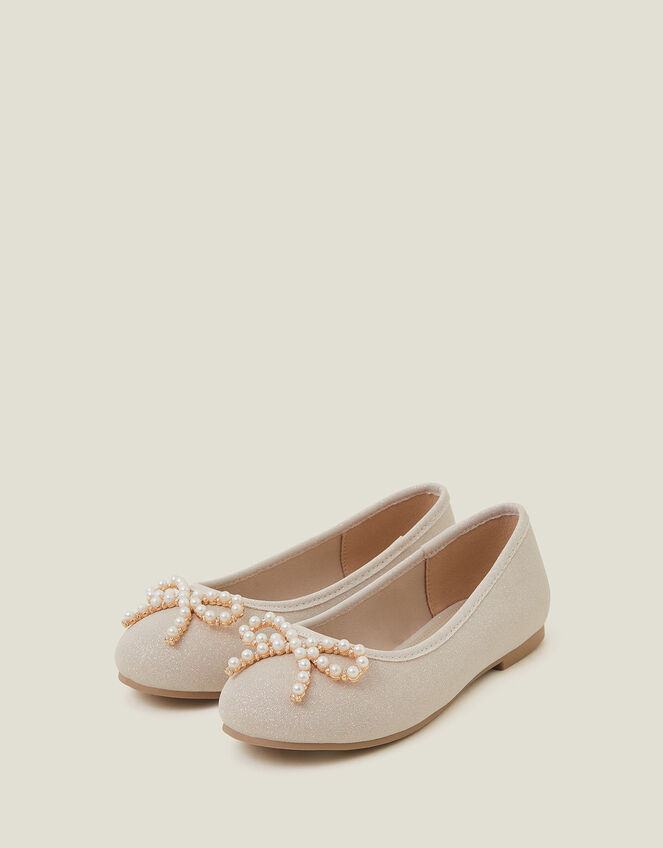 Girls Pearly Bow Ballet Flats, Gold (GOLD), large