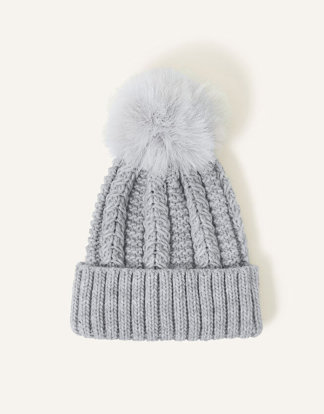 Chunky Knit Pom-Pom Beanie, Grey (GREY), large