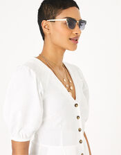 Puff Sleeve Playsuit in Pure Linen , Cream (CREAM), large
