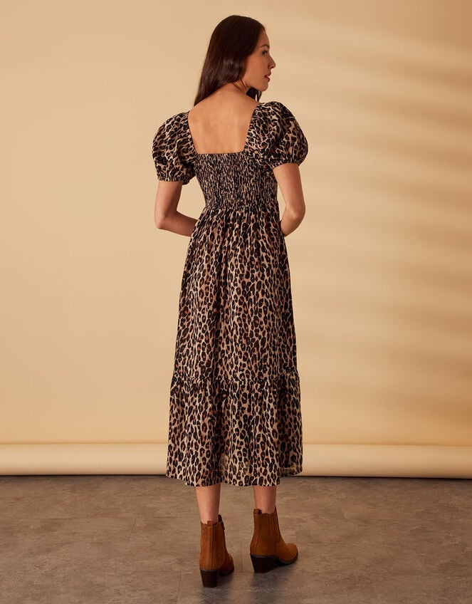 Leopard Print Shirred Puff Sleeve Dress, Brown (BROWN), large