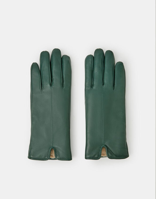Faux Fur Lined Leather Gloves, Green (GREEN), large