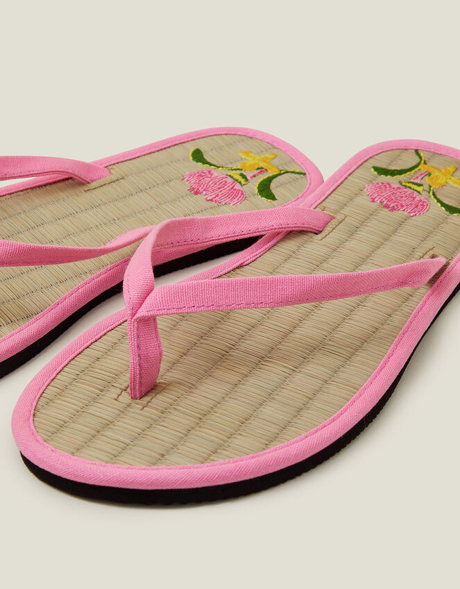 Floral Embroidered Seagrass Flip Flops, Pink (PINK), large