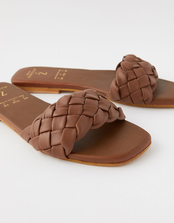 Plaited Strap Leather Sliders, Tan (TAN), large
