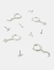 5-Pack Celestial Diamante Stud and Hoop Earrings Silver, , large