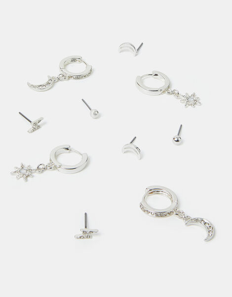 5-Pack Celestial Diamante Stud and Hoop Earrings Silver, , large