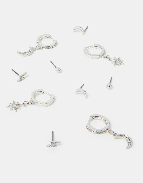 5-Pack Celestial Diamante Stud and Hoop Earrings Silver, , large