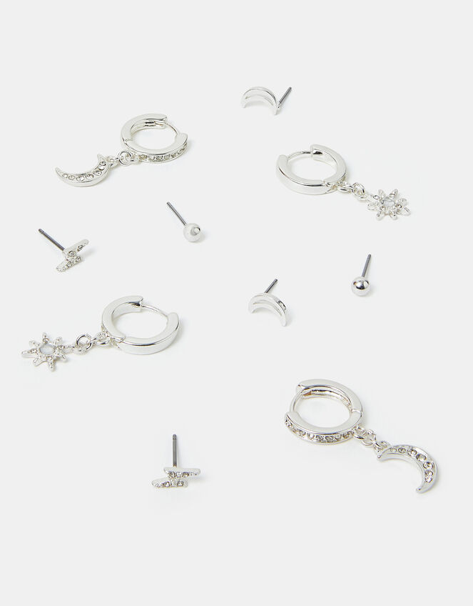 5-Pack Celestial Diamante Stud and Hoop Earrings Silver, , large