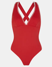 Stitch Cross-Back Plunge Swimsuit, Red (RED), large